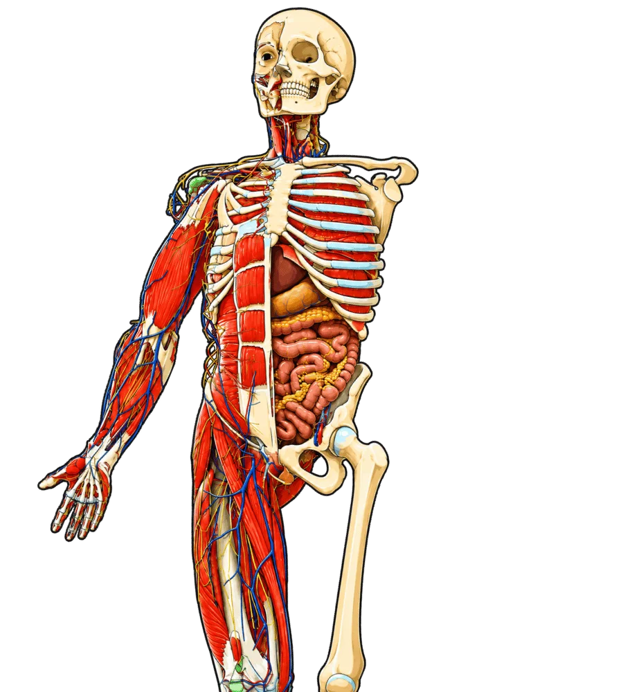 Schéma anatomie humaine — squelette, muscles, vaisseaux et organes
