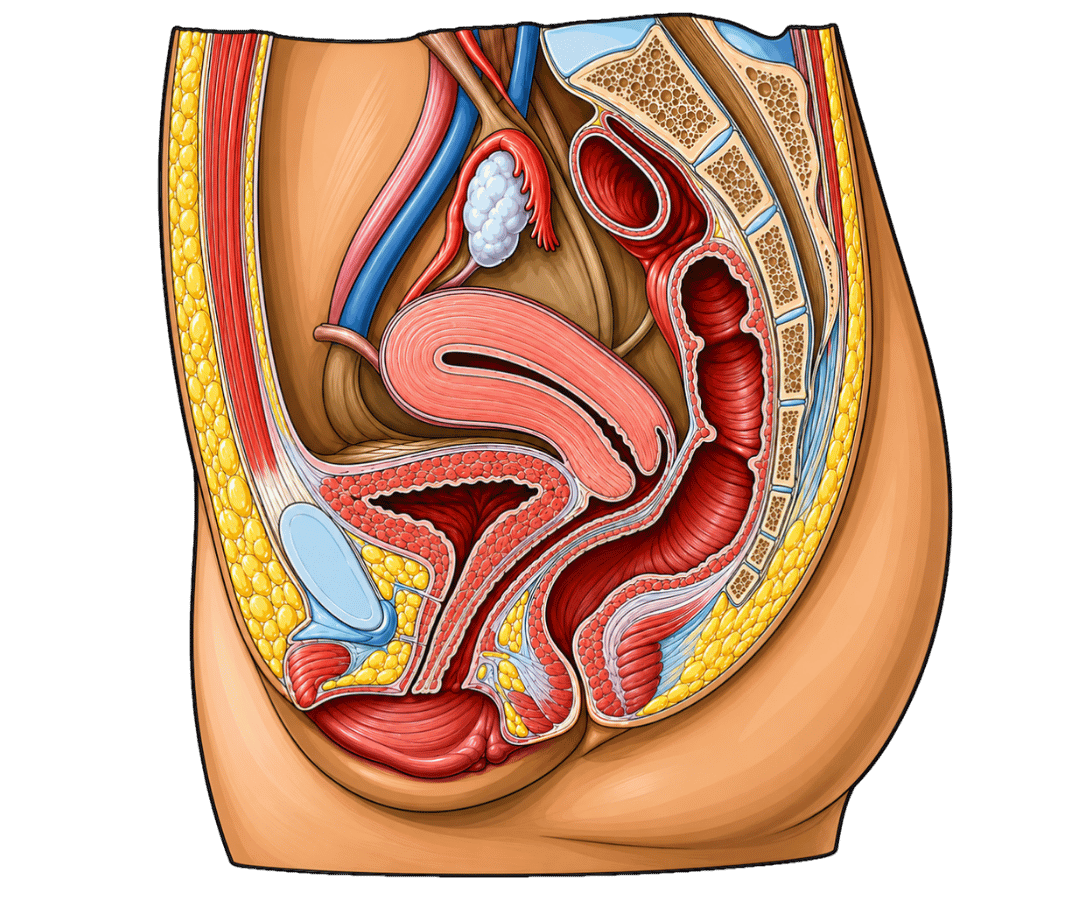 Coupe sagittale du pelvis féminin en anatomie : organes pelviens, muscles du plancher pelvien, vaisseaux et structures osseuses