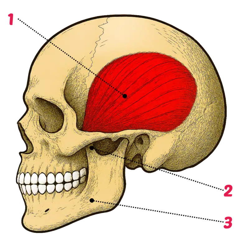 schéma anatomique du **muscle temporal** en vue latérale montrant origine, insertion et trajet des fibres musculaires