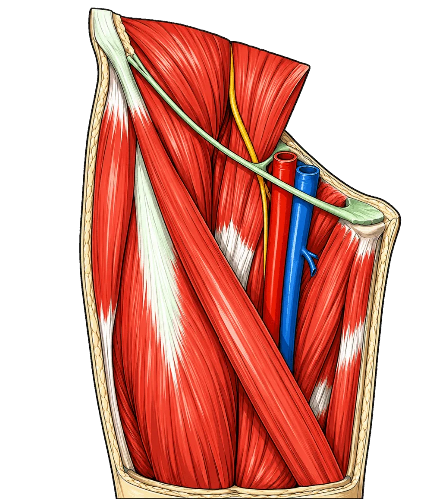 Schéma anatomique du triangle de Scarpa (trigone fémoral) montrant les limites musculaires, l’artère fémorale, la veine fémorale, le nerf fémoral et les ganglions inguinaux