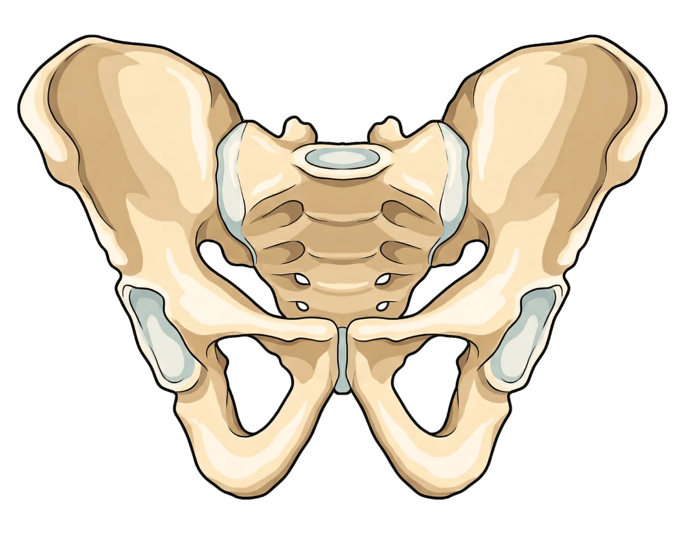 Schéma anatomique du bassin osseux montrant les os coxaux, le sacrum, la symphyse pubienne et l’acétabulum en vue antérieure.
