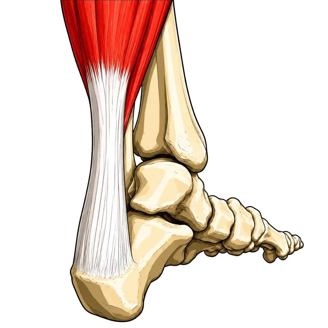 Schéma du tendon d’Achille en vue latérale montrant son insertion sur le calcanéus, les muscles du mollet en rouge et les os du pied