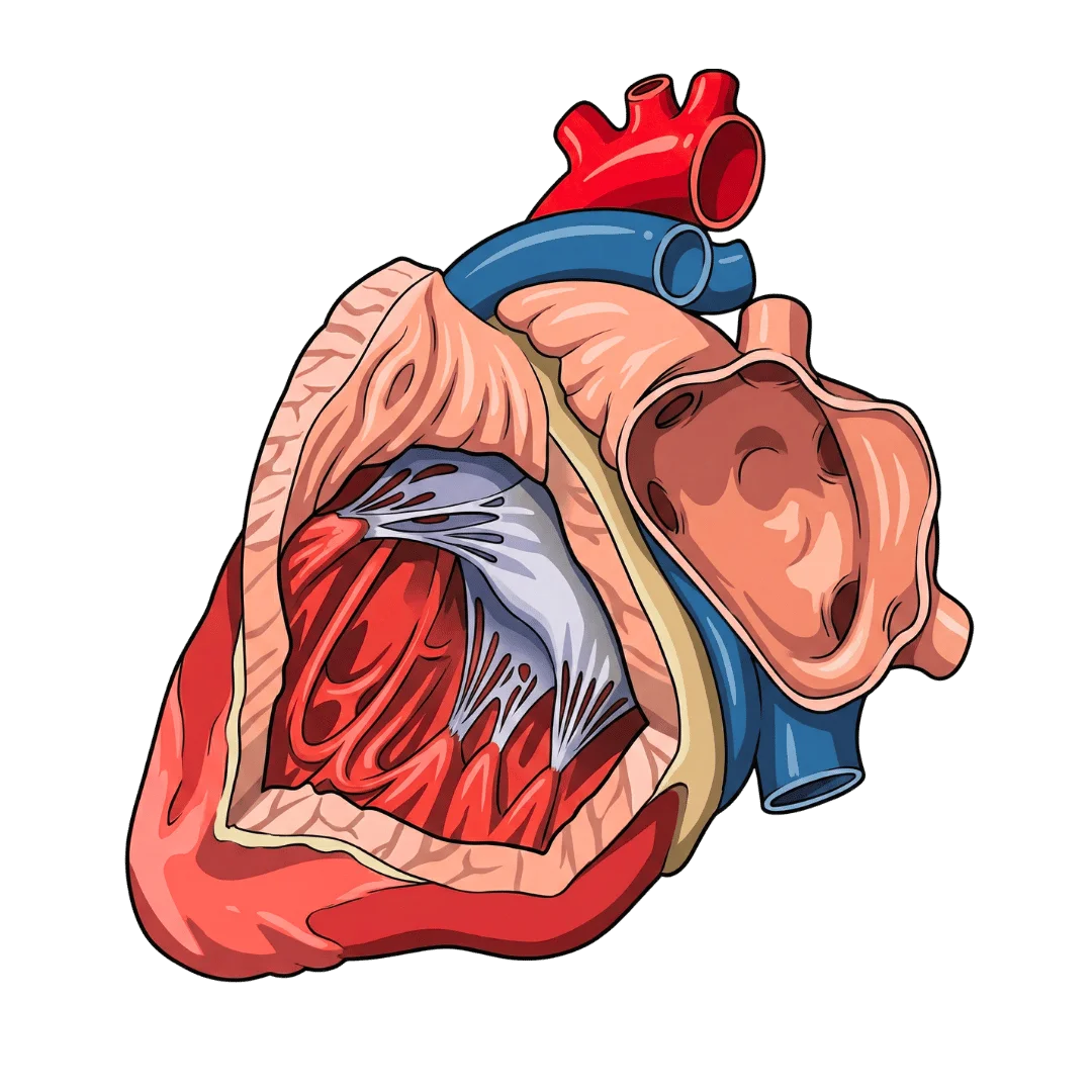 Schéma anatomie du cœur humain avec cavités cardiaques, valves, artères coronaires et morphologie externe